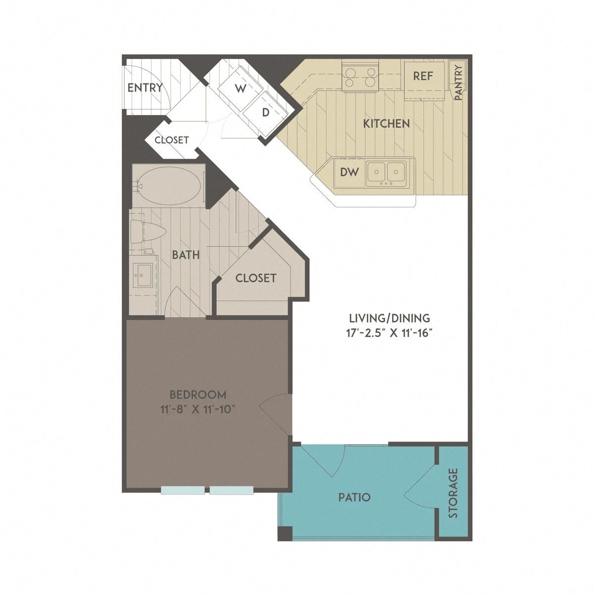 Floor plan for 1 bed, 1 bath, 681 sqft